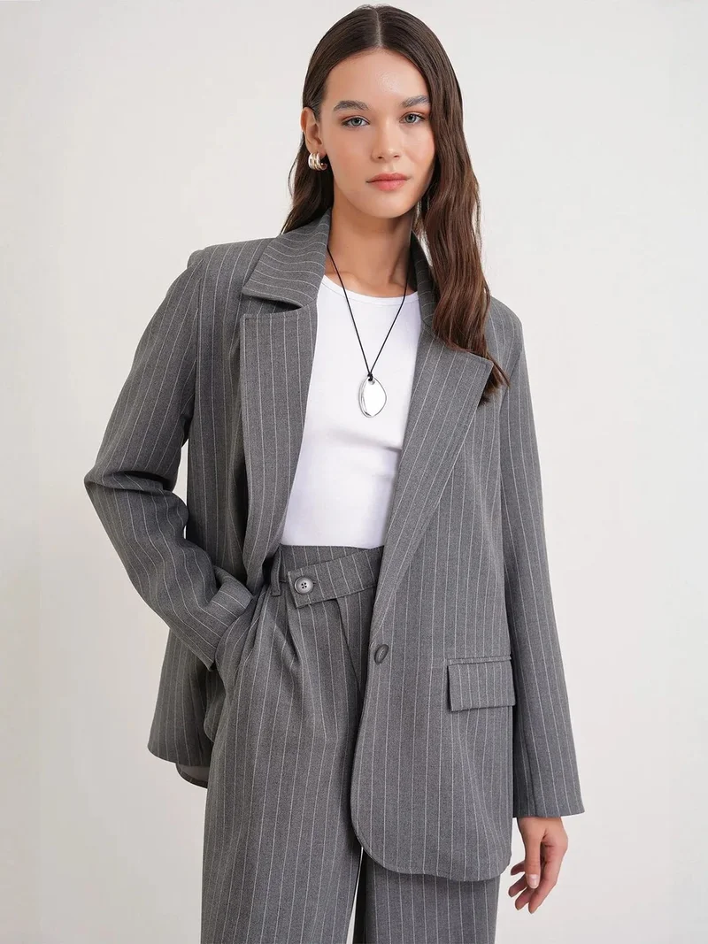 MixRay Grey MIXRAY Striped Oversize Blazer for Women | Best Price UAE